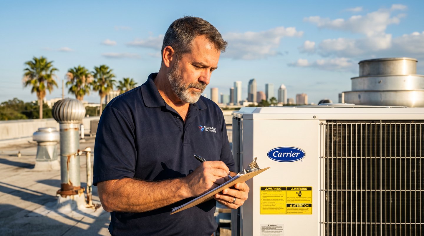 Tampa HVAC technician documenting a diagnostic on a clipboard beside a Carrier rooftop unit