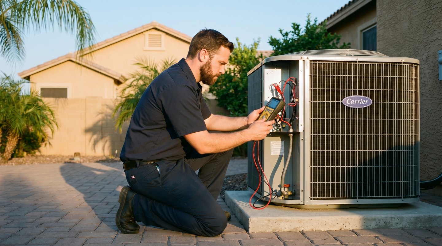 Licensed HVAC technician kneeling at an outdoor AC condenser unit at a Tampa home